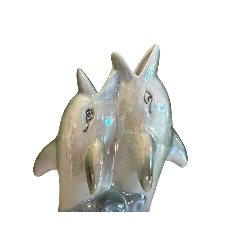 Vintage Iridescent Lusterware Two Dolphin Double Mouth Bud Vase Made in China 8